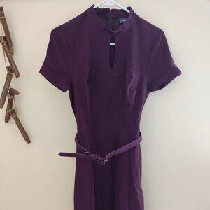 Modcloth Most Motivated purple fit and flare dress featuring belt and keyhole